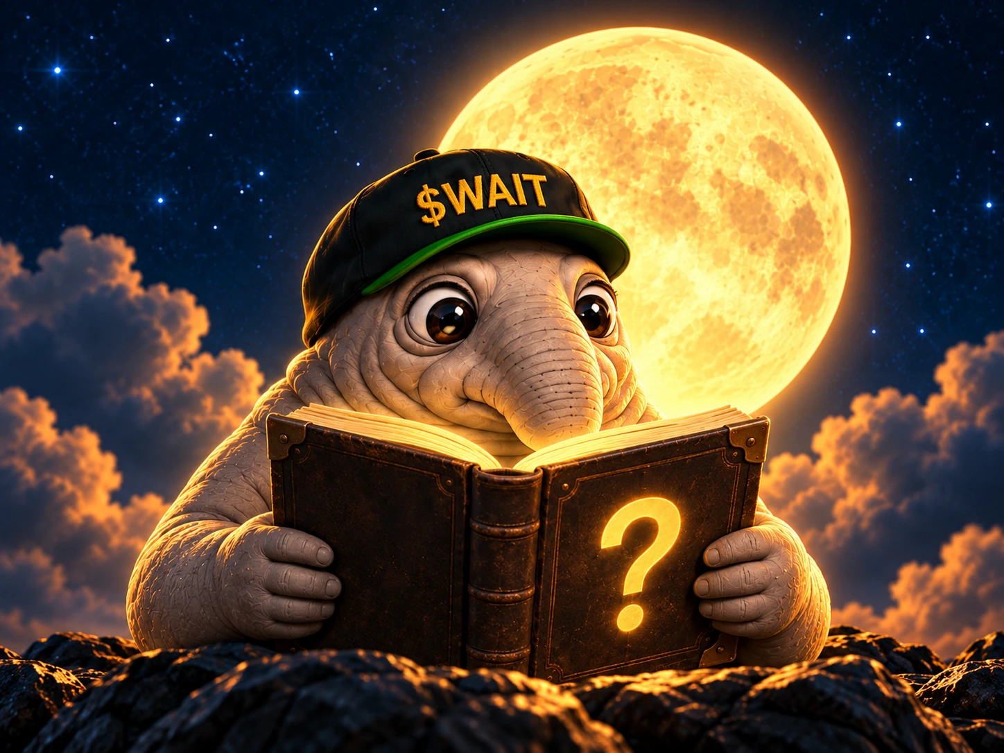 Wait reading a glowing question book beneath the moon